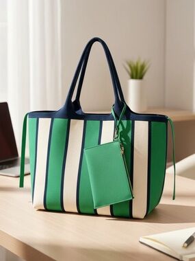 Kelly Green/Navy Knit Striped Large Tote